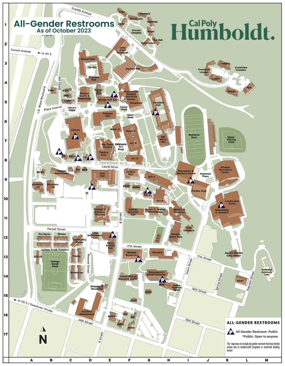A map of campus that has all the public all gender bathrooms on it