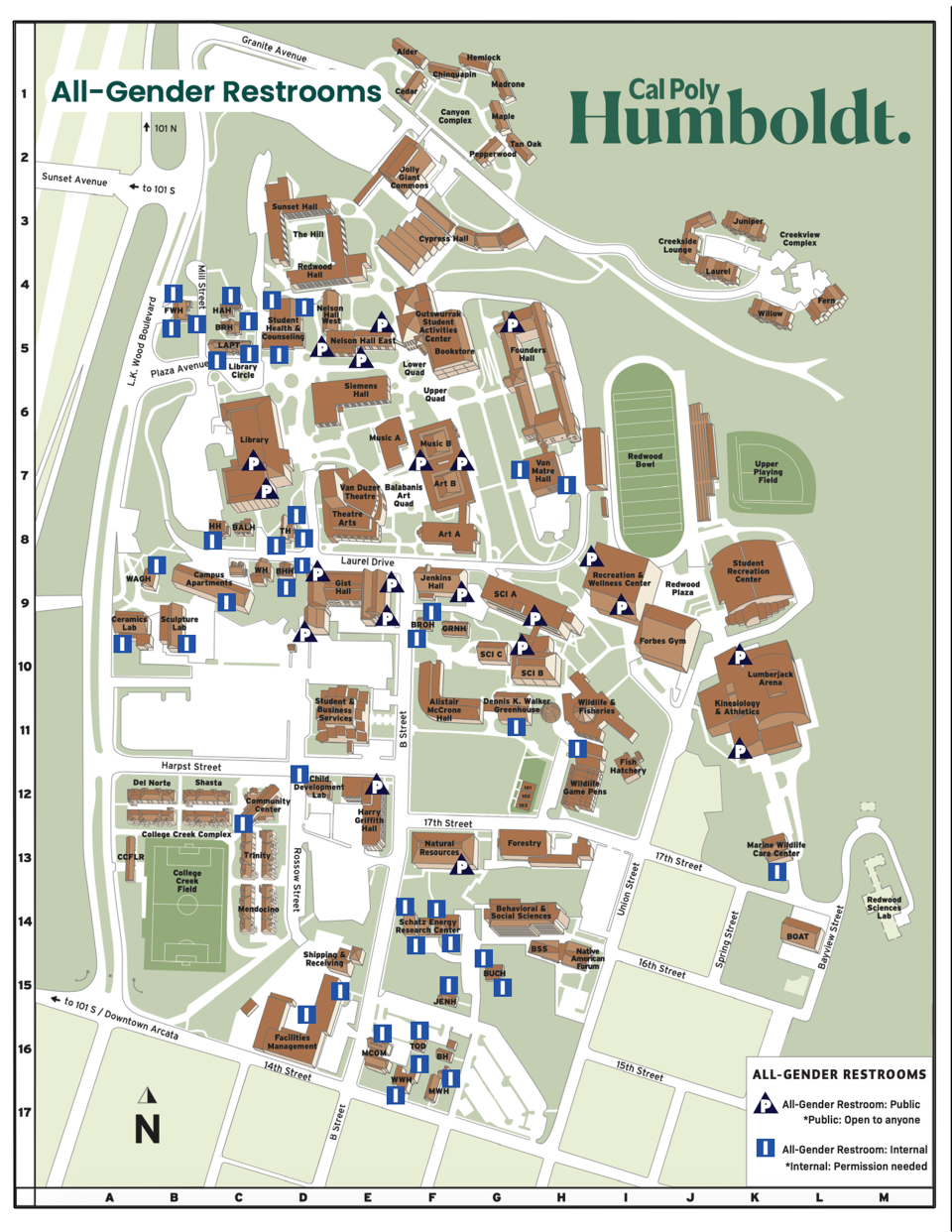 A map detailing where the all gender bathrooms are on campus