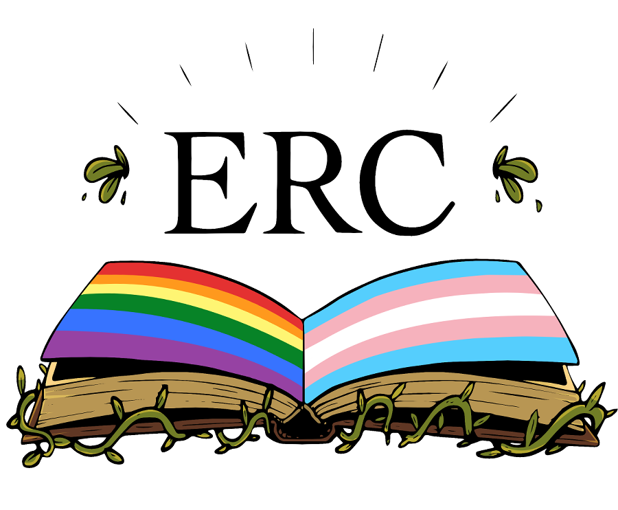 A picture of the ERC logo, a book with a rainbow and the trans flag