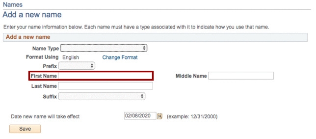 Description start - Screenshot of the "Add A New Name" Section of the Student Center. The "First Name" field is outlined in red. Description End