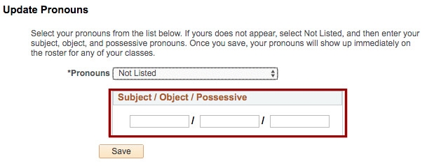 Description start - Screenshot of the "Pronouns" page of the Student Center. The "Subject/Object/Possessive" field is outlined in red. Description End